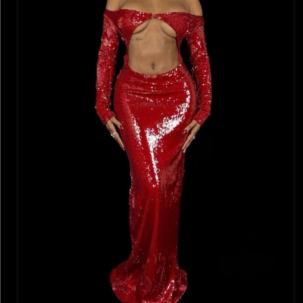 Red Floor Length Sequin Dress